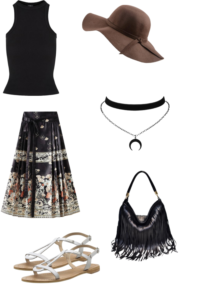 Boho Vibes: Black Tank Top + Maxi Skirt + Fringe Accessories