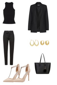 Office Ready: Black Tank Top + High-Waisted Trousers + Blazer