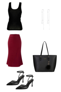 Date Night Glam: Black Tank Top + Satin Midi Skirt + Strappy Heels