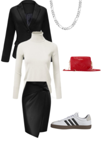 Sporty Meets Sophisticated: Adidas Samba with Black Leather Skirt and Blazer